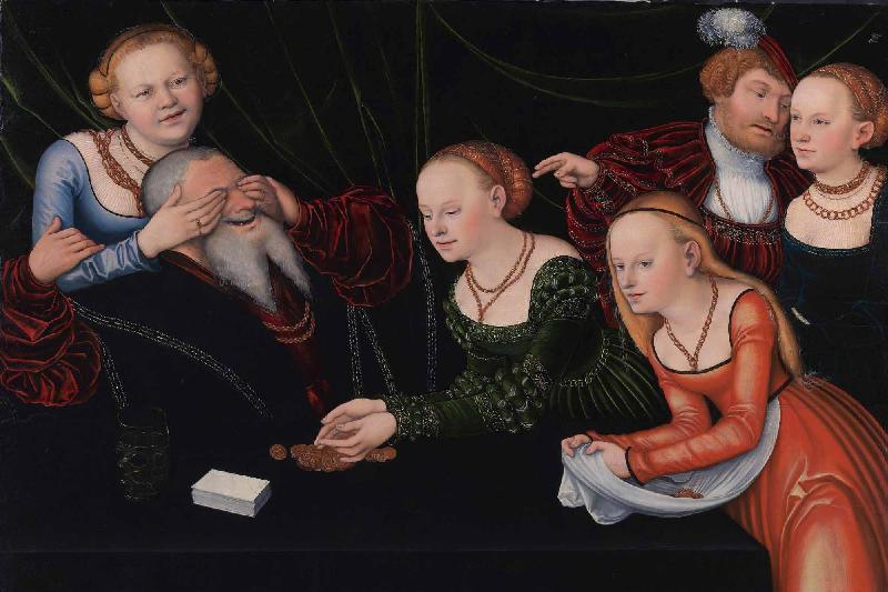 Lucas Cranach the Elder Old man beguiled by courtesans oil painting picture